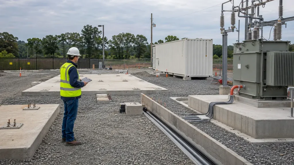 Container BESS site-interface walkdown EPC engineer inspecting foundation, cable trench, transformer interface, and access clearance around a containerized BESS