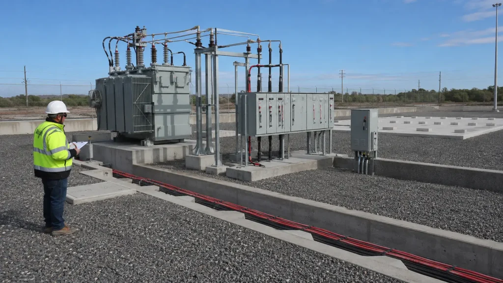 BESS point-of-interconnection design review Engineer inspecting a transformer, switchgear, metering boundary, and cable route for a containerized BESS grid connection