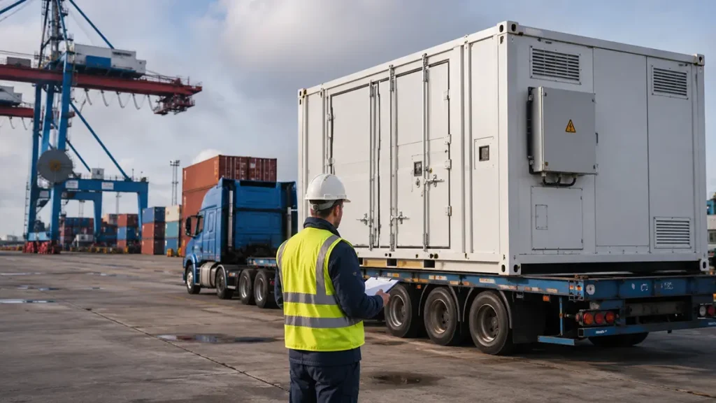 Containerized BESS Prepared for Port Shipment Containerized energy system on a transport trailer during a controlled logistics handover before port shipment.