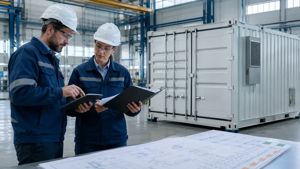 Containerized BESS specification evidence review Procurement and engineering professionals reviewing controlled technical evidence for a containerized BESS.