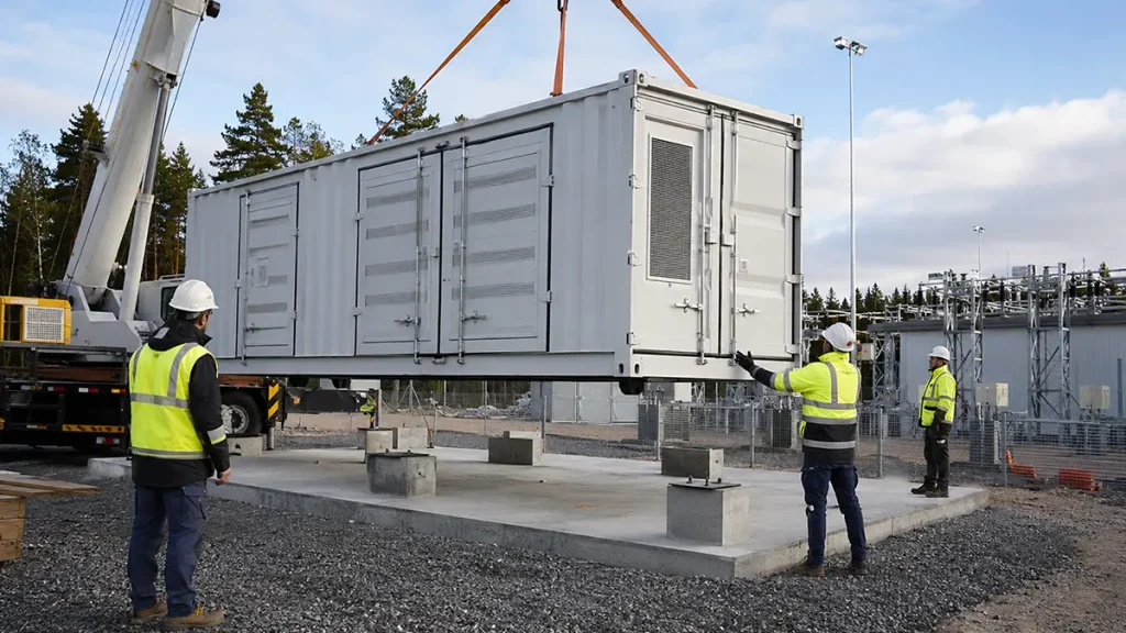 Containerized Energy System Site Offloading and Installation Site crew guiding a crane while a containerized energy system is positioned onto a prepared foundation.
