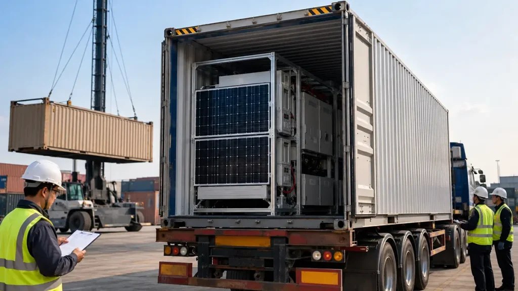 Containerized PV System Shipment-Release Inspection Project team inspecting a containerized PV system during shipment-release preparation at a logistics yard.