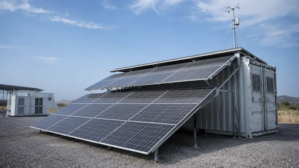 Containerized PV System with Deployed Solar Modules Containerized photovoltaic system with solar modules fully deployed at an outdoor project site.