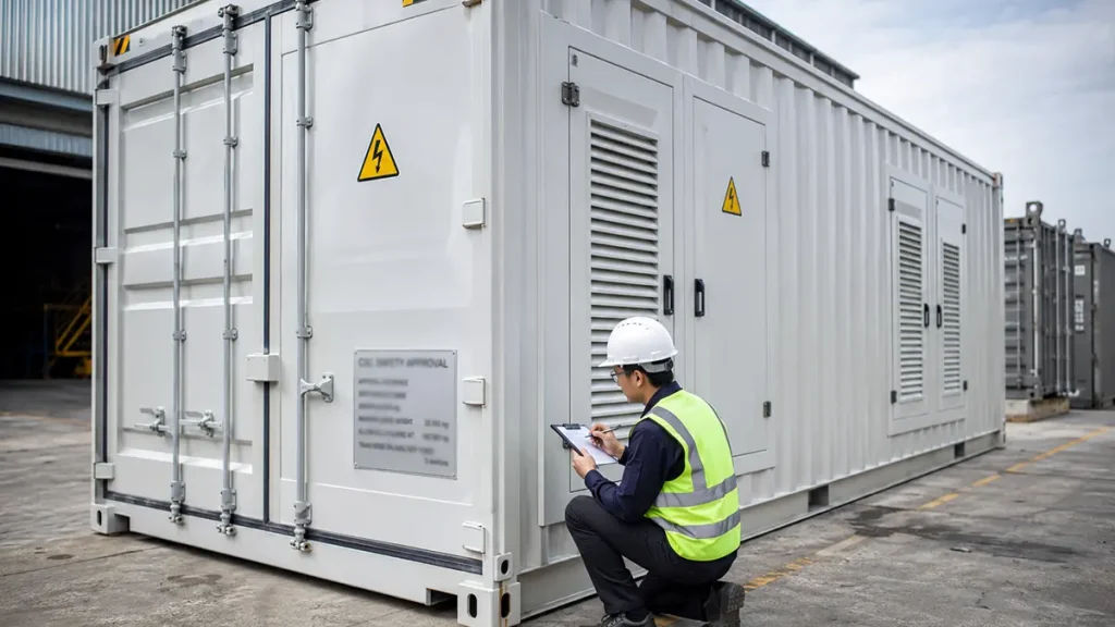 CSC Container Evidence Inspection for an Energy System Engineer inspecting container identification and safety evidence on a containerized energy system before shipment.