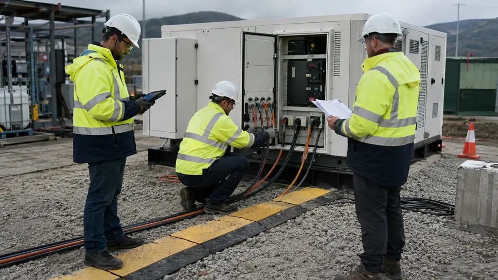 Field Power Deployment Stage Verification Field engineers verify cable interfaces, equipment condition, and commissioning checks for a portable power package on site.