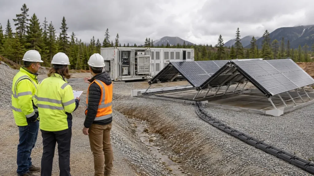 Engineers reviewing deployed PV array clearance, cable route, ground drainage, and access at a remote site