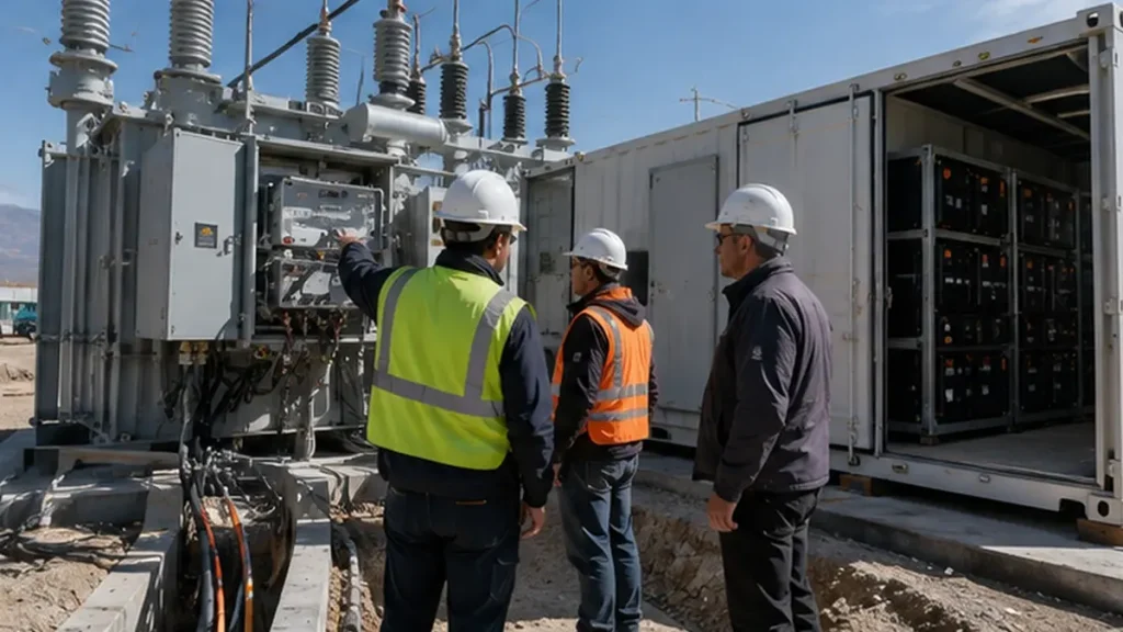 Electrical engineers reviewing switchgear, transformer, cables, and a containerized energy system at a remote site