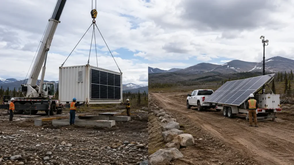 Crane lifting a containerized solar unit while a tow vehicle positions a solar trailer at a remote project site.