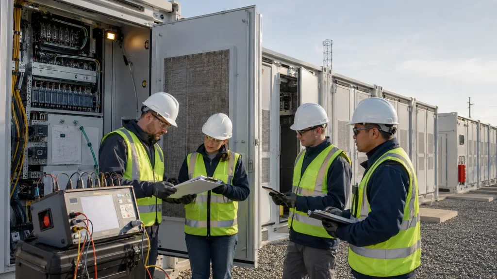 BESS energization readiness gate Commissioning engineers reviewing protection and communications test records before energizing a containerized BESS.