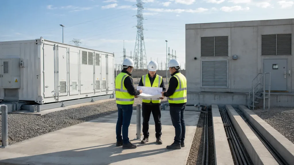 Housing Route Review for a BESS Project Engineers compare a containerized BESS and a fixed energy storage building using site drawings.
