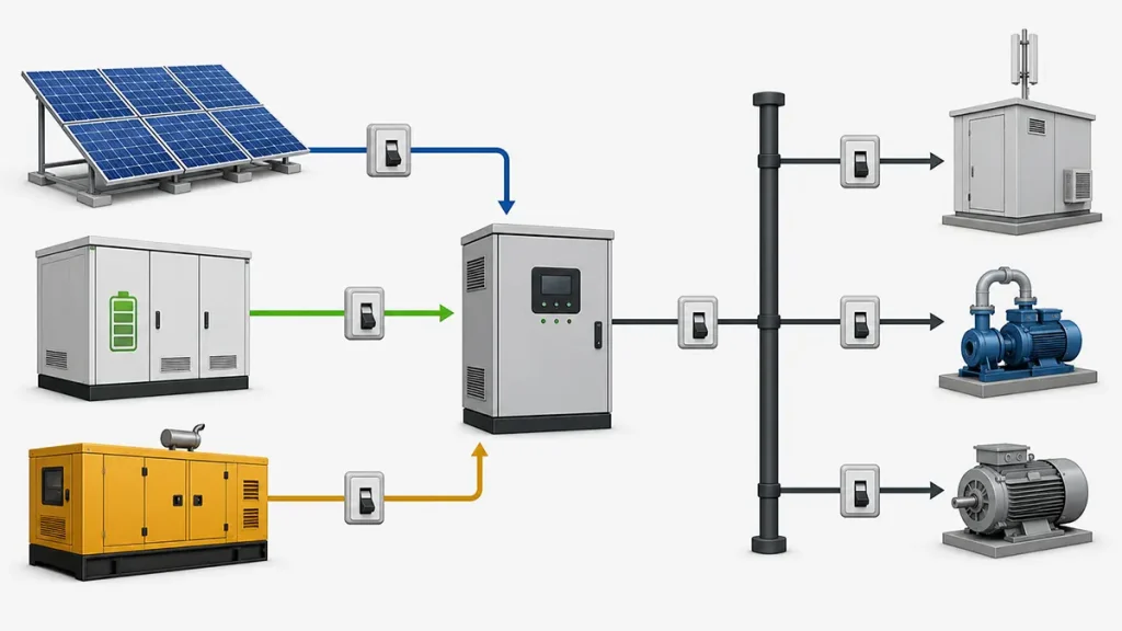Conceptual flow from solar panels, battery storage, and diesel generator through hybrid controls to industrial loads