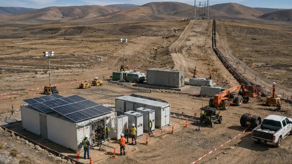 Construction-phase temporary power, containerized solar and battery storage, and future utility connection shown at a remote industrial project site