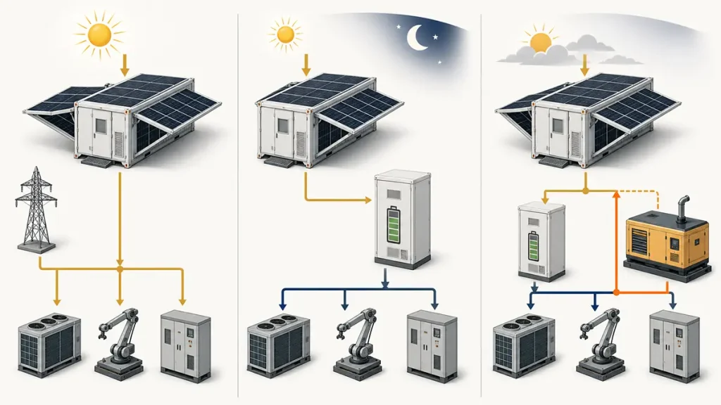 Three solar container architectures comparing PV-only, PV with battery storage, and PV with battery and generator support
