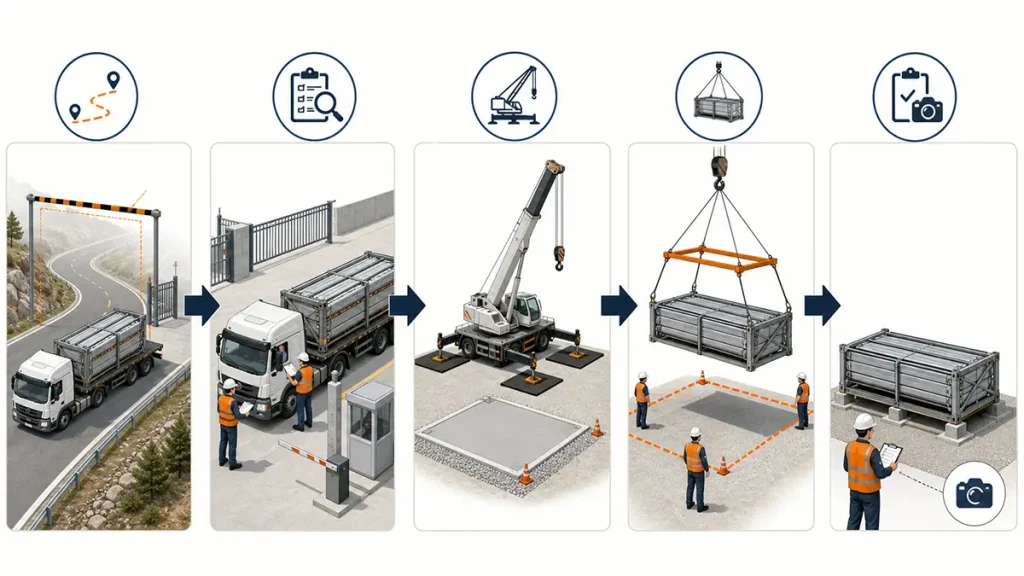 Five-stage solar container delivery workflow from route survey and gate check to crane setup, offloading and placement sign-off
