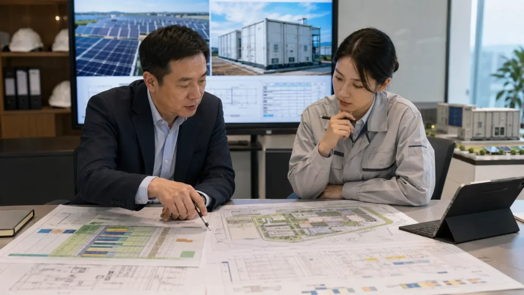 Solar container landed-cost review Procurement team reviewing a solar container commercial schedule, freight quote, and customs documentation