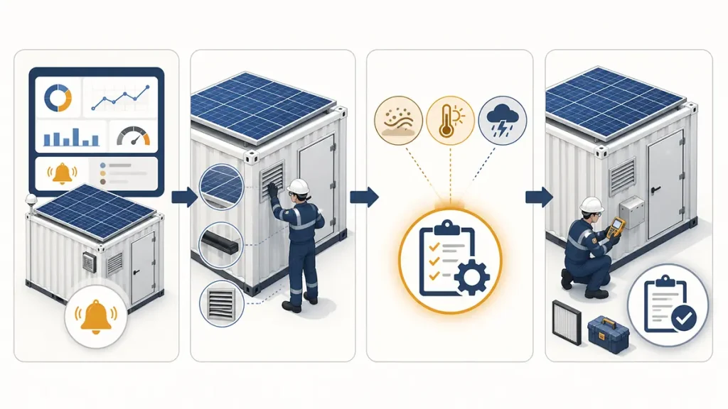 Four-stage solar container maintenance workflow showing monitoring, walkdown, condition triggers and qualified service