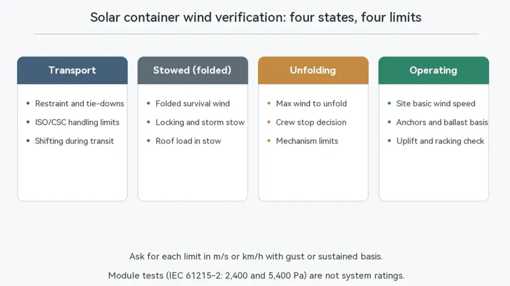 Four-state diagram for solar container wind verification: transport, stowed, unfolding and operating, each with its own limit and anchoring question