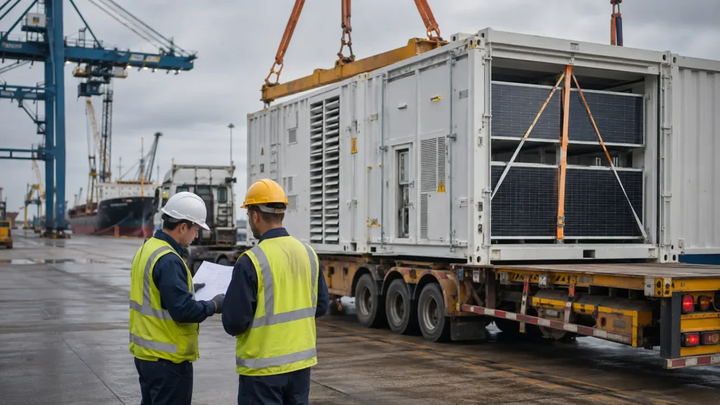 Solar container port-to-site delivery interface Containerized energy equipment at a commercial port with logistics personnel reviewing controlled release and transport paperwork