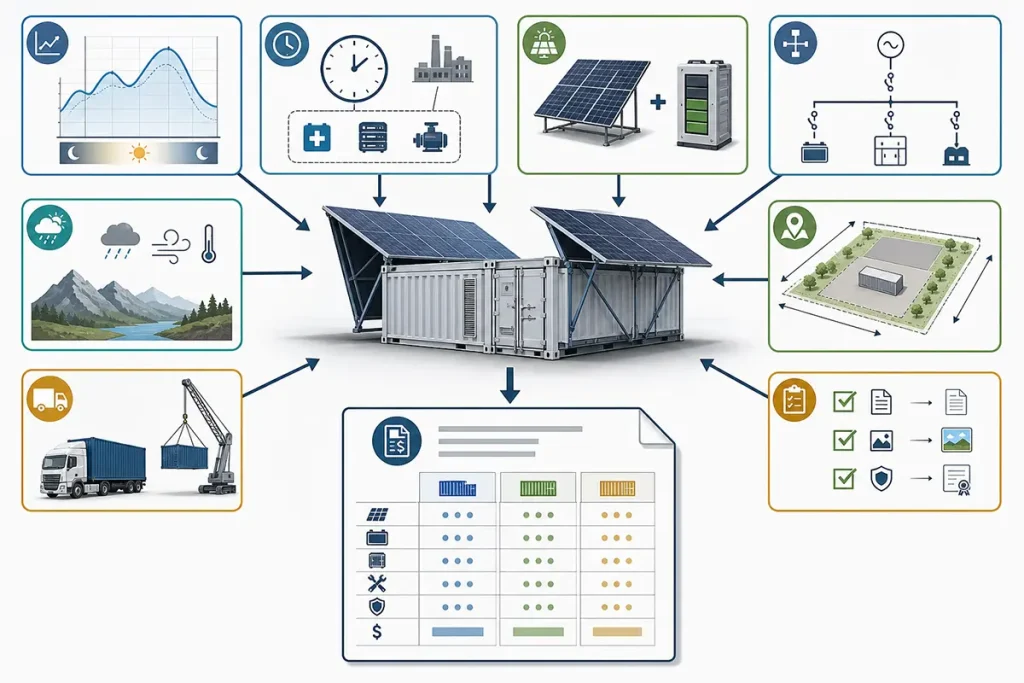 Diagram showing load, operating mode, architecture, electrical, weather, site, logistics and evidence inputs feeding a solar container quotation