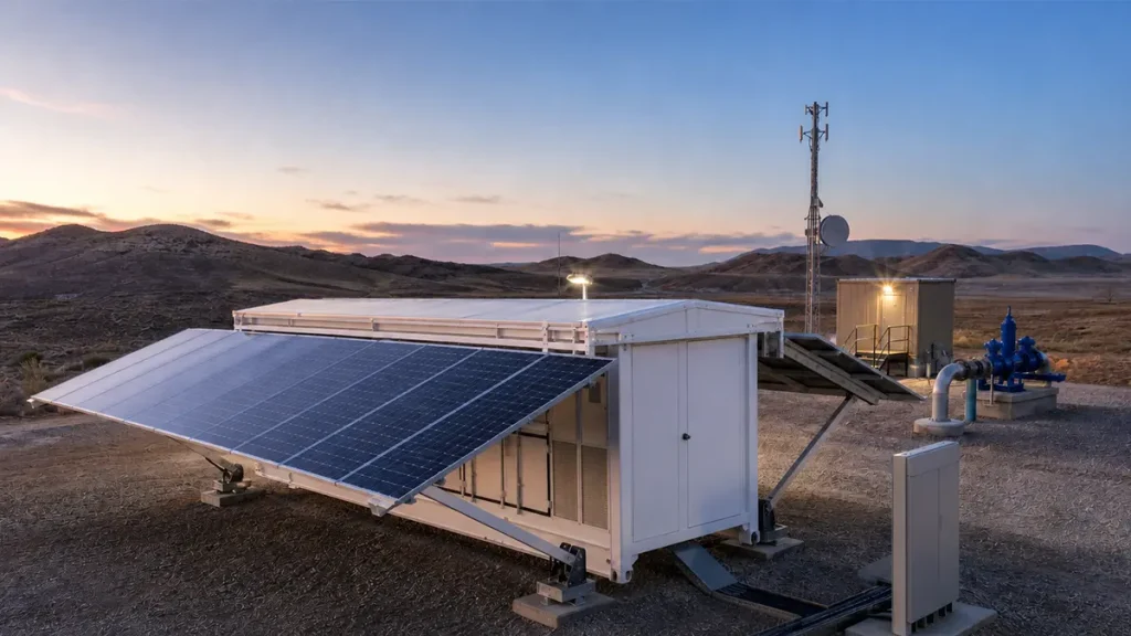 Fold-out solar container with battery storage supplying a remote industrial site as daylight fades