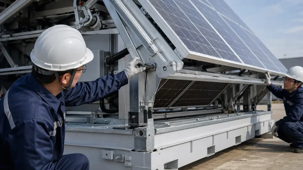 TOPCon Module and Container Racking Interface Inspection Technicians inspecting the mounting interface between solar modules and the racking structure of a containerized PV system.
