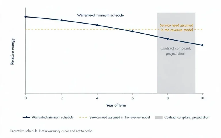 Illustrative chart of a declining capacity warranty schedule against a flat service need assumed in a revenue model, with the shaded period where the asset remains contract-compliant but short of its assumed energy