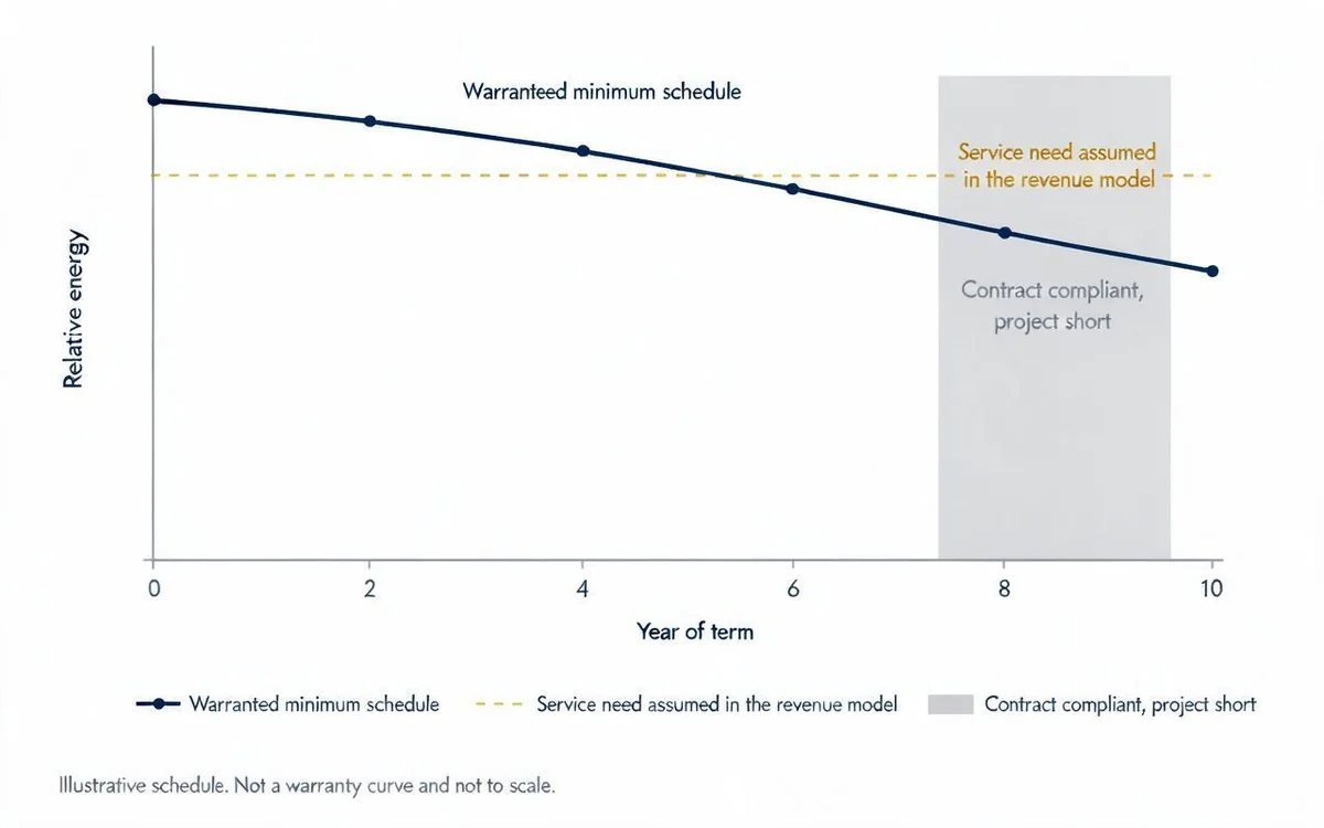 Illustrative chart of a declining capacity warranty schedule against a flat service need assumed in a revenue model, with the shaded period where the asset remains contract-compliant but short of its assumed energy