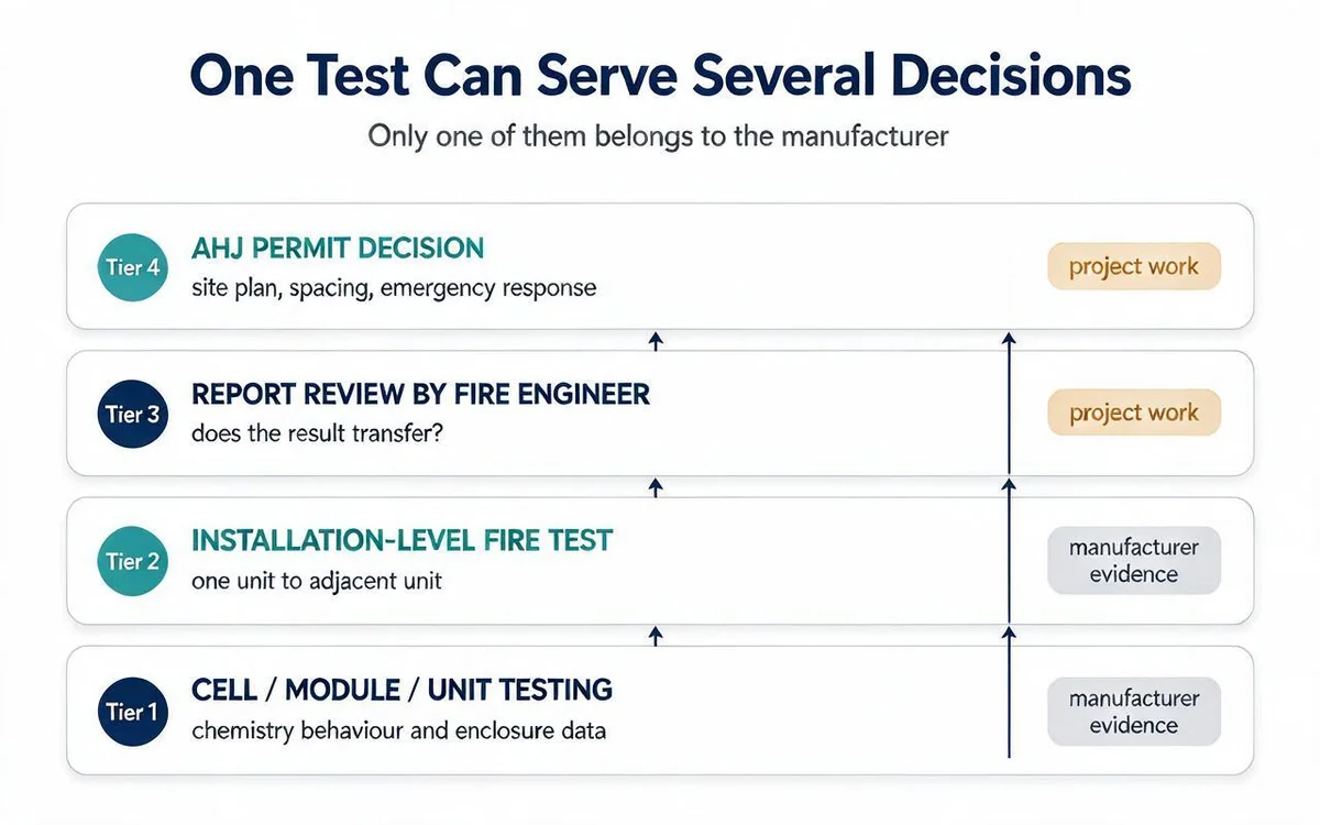 Four stages connecting BESS manufacturer test evidence with project decisions: cell, module and unit testing; installation-level fire testing; fire engineer review; and the AHJ permit decision