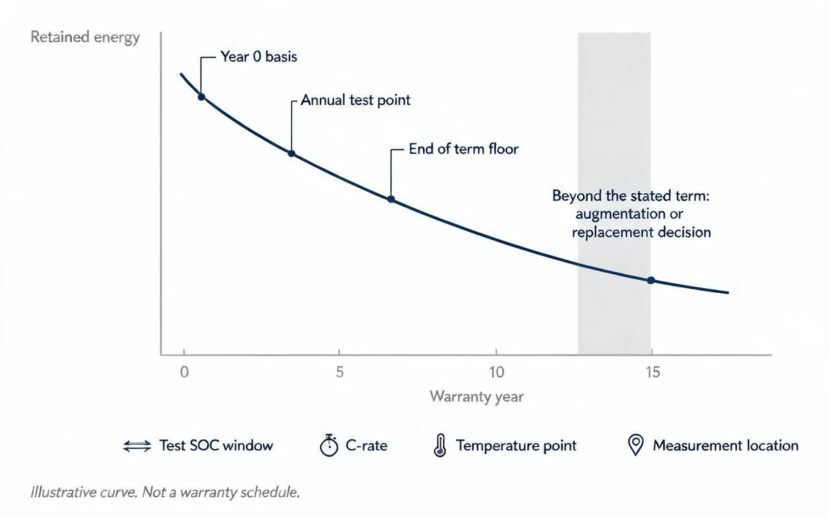 Illustrative retention curve with checkpoints for the year 0 basis, annual test points and the end of term floor, plus measurement-variable icons and a shaded zone for the augmentation or replacement decision beyond the term
