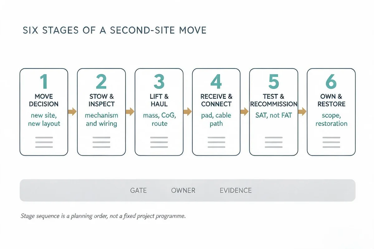 Six-stage planning map for moving a foldable solar container to a second site: move decision, stow and inspect, lift and haul, receive and connect, test and recommission, own and restore, each carrying a gate, an owner and evidence