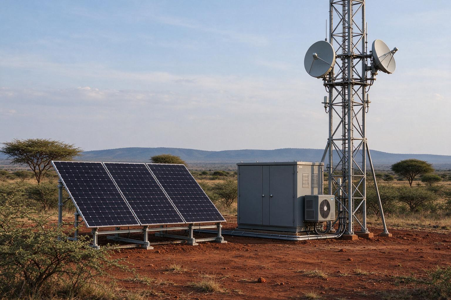 Off-grid telecom base station with a weatherproof energy cabinet, ground-mounted solar arrays and a lattice mast in a dry highland landscape
