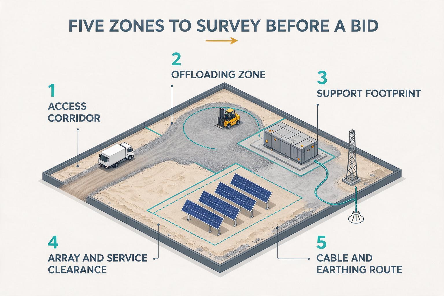 Conceptual top-down site diagram separating access corridor, offloading zone, support footprint, array and service clearance, and cable and earthing route